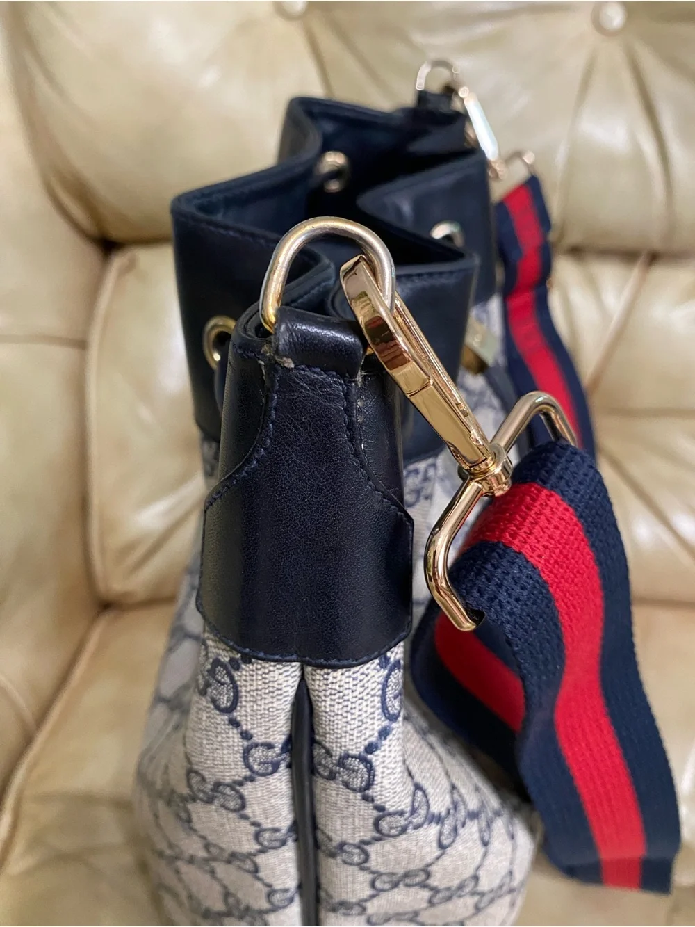 LARGE Gucci Drawstring Bucket Bag Vintage Sherry GG Monogram Web Stripe Added